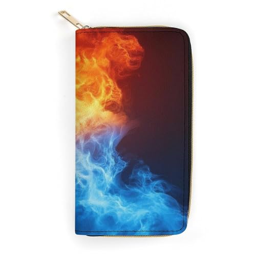 Long PU Zipper Wallet, Travel Purse Fashion Design, Huge Storage Capacity Wallet, Cute Decor Purse For Men And Women Red And Blue Fire Black