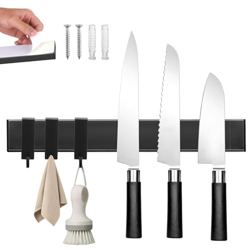 Magnetic Knife Holder for Wall with 3 Hooks, No Drilling Mag...