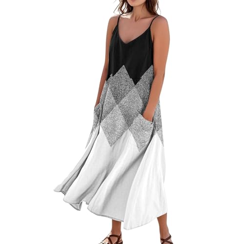 Musselin Kleid Damen Sommerkleid Damen Lang V Ausschnitt A Linie Elegant Trägerkleid Boho Kleid Mit Taschen Strandkleid Baumwolle Leinen Leicht Und...