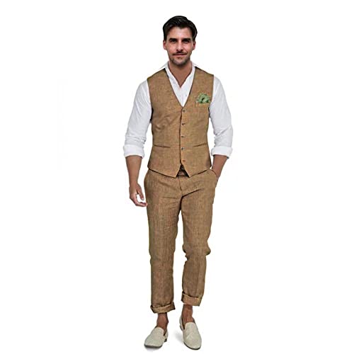Men's Linen Suits 2 Piece Slim Fit Suit Prom Beach Wedding Groomsman Vest Pants Set Casual Summer Linen Outfit