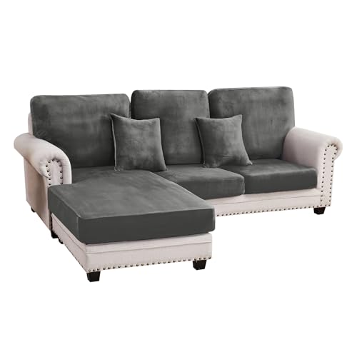 Image of Stretch Silver Fox Velvet Sectional Couch Covers - 3-Piece Sofa Cushion Covers for Left /Right L-Shaped Chaise, Soft and Comfortable Slipcovers for Sectional Sofa(2 Seater + 1 Chaise,Grey)