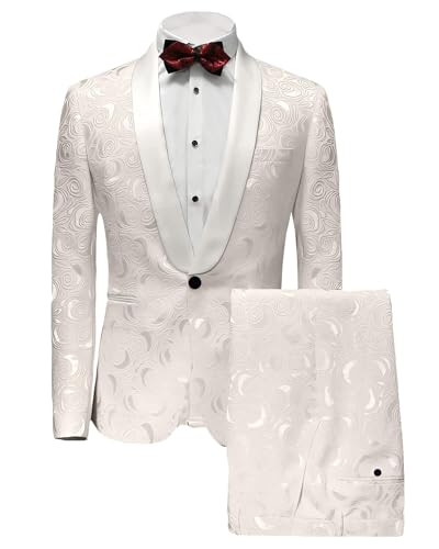 Wemaliyzd Men's 2 Pcs Suit Shawl Lapel Classic Patterned Wedding Blazer Separate Pants(Ivory,52R)