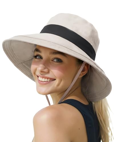 Senker Fashion Sun Hats for Women UV Protection Waterproof Ponytail Wide Brim Bucket Hat for Summer Beach Gardening Travel Beige