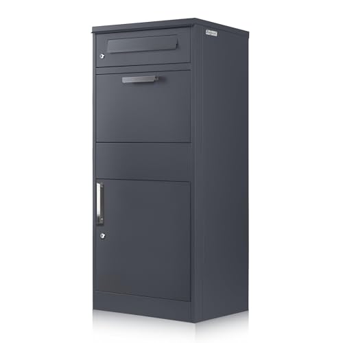 Zelsius Briefkasten mit Paketfach Neptun | pulverbeschichteter Stahl mit Edelstahl Elementen | RAL7016 Anthrazit | integrierte Rückholsperre | Bodenmontage | Paketbriefkasten, Paketbox, Parcel Box
