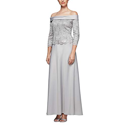 Alex Evenings Women's Long Off The Shoulder Mock Dress with A-Line Skirt, Summer Silver, 6