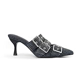 AIUZO Womens Denim Heeled Mules Pointed Closed Toe High Stiletto Heels Slip On Backless Mule Sandals Dress Shoes, Blue, Size 8