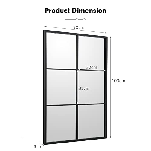 COSTWAY 100x70cm Decorative Wall Mirror, Large Rectangle Metal Frame Windowpane Mirror, Horizontal/Vertical Wall Mounted Hanging Accent Decor Mirrors for Living Room, Bedroom and Hallway, Black