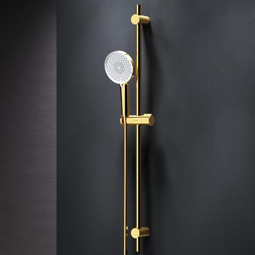 Duschset Gold mit Handbrause & Duschkopf – Duscharmatur, Brausegarnitur, Duschstange – Wandmontage, 3 Strahlarten, Antikalk-Funktion
