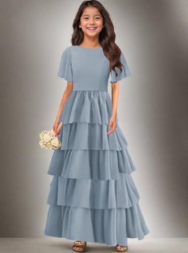 MAGGCIF Tiered Chiffon Junior Bridesmaid Dresses with Bow Short Sleeve A-Line Flower Girl Dresses Party Pageant Gowns3