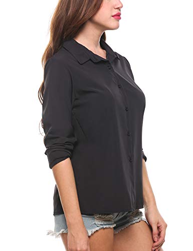Zeagoo Office Shirts for Women Button Down Blouse Business Casual Long Sleeve Chiffon Tops T-Shirt Plus Size, Solid Black, Large