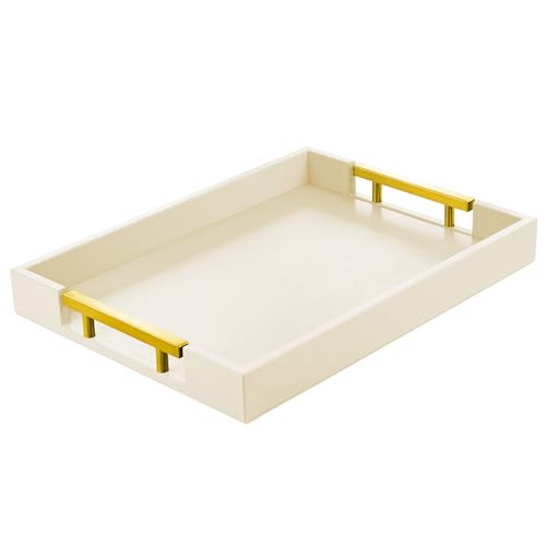 ATZYmolin Leather Serving Tray with Gold Polished Metal Handles, Home Decorative Wooden Rectangle Ottoman Decor Platter Bathroom Vanity Tray for All Occasions White