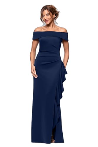 Xscape Women's Long Tech Scuba Off-The-Shoulder Ruffle Dress