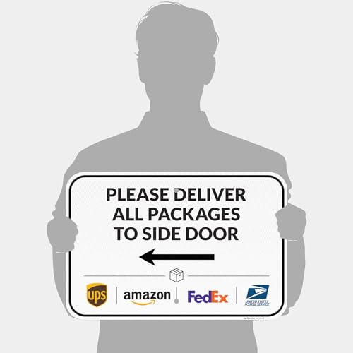 Image of Package Delivery Sign, Delivery Instructions Deliver All Package to Side Door Left Arrow Sign, 12x18 Inches, 3M EGP Reflective .063 Aluminum, Fade Resistant, Made in USA by Sigo Signs