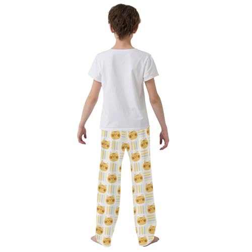 Boys' Pants Cute Cat Cartoon Yellow Stripe Long Bottoms Jogger Pants Elastic Waist Trousers with Pockets S-XL3