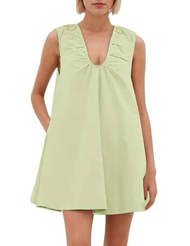 Image of Women Summer Sleeveless Babydoll Mini Dress Scoop Neck Loose Fit Tank Dresses Party Ruched Short Dress with Pockets