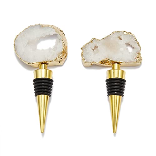 Sip and Shimmer Crystal Wine Bottle Stoppers – 2-Pc Set Gemstone Champagne Stopper for Bottle - Wine Accessories – Gold Geode Decorative Wine Stoppers, Christmas Gift, Stocking Stuffer