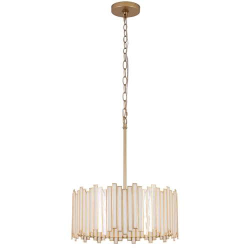 Wrlmfy Gold Drum Chandelier 4-Light, Modern Drum Pendant Lighting Fixture with Tiffany Glass Shade...
