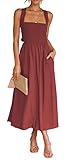 CHARTOU Women Sexy Spaghetti Strap Cut Out Smocked Dress Party Backless Flowy Midi Dress with Pocket (Medium,Brown)