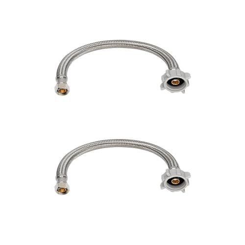 (2pcs 12 inch) PLUMBINGMASTER Toilet Water Supply Line 3/8 Comp x 7/8 BC Braided Stainless Steel Toilet Supply Line Toilet Connector Hose with Anti-Leaking Brass Nut