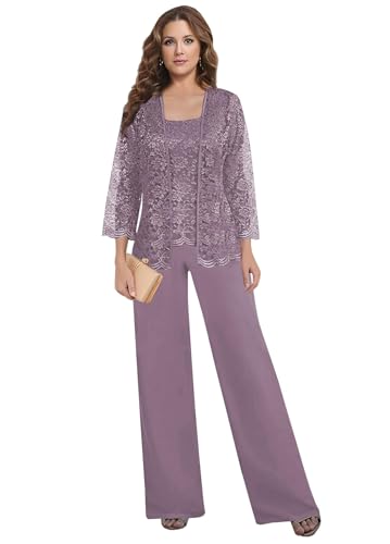 3 Pieces Mother of The Bride Pant Suits for Women Dressy with Jacket Lace Chiffon Long Sleeve Formal Wedding Outfit Wisteria 4