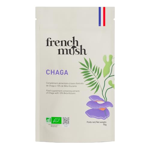French Mush Doypack Polvo de Chaga Hongo Bio - 90 g Vegano - Superalimento Antioxidante, Tónico - Rico en Vitaminas B, D y K - Para Mezclar con Bebidas - Chaga Testado en Laboratorio