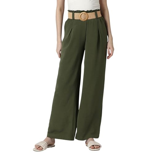 Image of Van Heusen Women's Regular Fit Mid Rise Belted Casual Wide Leg Pants