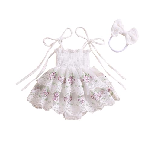 Image of hhchenyulemon Baby Girl Summer Clothes Infant Tie-up Embroidery Flower Romper Dress with Bowknot Hairband Newborn Outfits