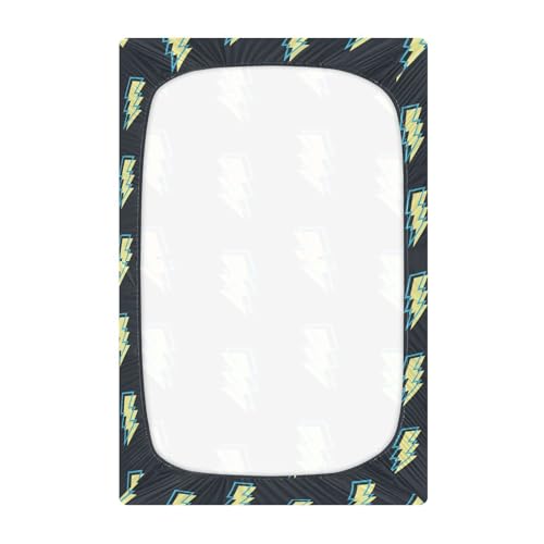 Image of Lightning Bolt Black Fitted Crib Sheets Stretchy Portable Playard Sheets for Baby Toddler, Breathable Soft Mini Crib Mattress 52 x 28 in for Boys and Girls