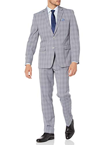 Perry Ellis Mens 2 PC Suit, Light Blue Plaid, 38 Regular