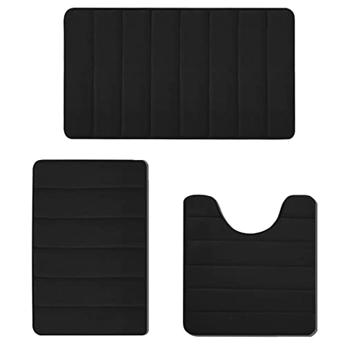 RUN HELIX Memory Foam Bathroom Rugs 3 Piece Set, Ultra Soft Water Absorbent Bathroom Rugs Quick Dry Machine Washable, Non-Slip Bath Mat 3 Pieces Set with PVC Backing- Black