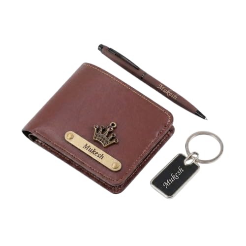 Image of Personalized Name Wallet, Pen & Keychain Combo for Men (Brown) | Customised Mens Wallet Name Engraved with Charm | Customized Corporate Gift Set for Office | Personalised for Husband, Boys