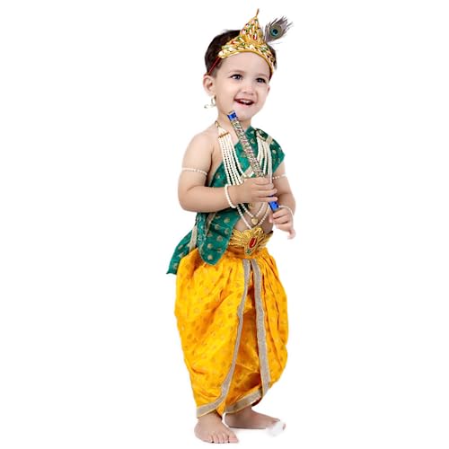 Image of ITSMYCOSTUME Krishna Dress for Baby Boy Kids Set of 10(Dhoti,Hip Cover,Patka,Mukut,Morpankh,Bansuri,Kamarband,Bajuband,Kundal) Little Krishna Ji Kanha Janmasthmi Costume