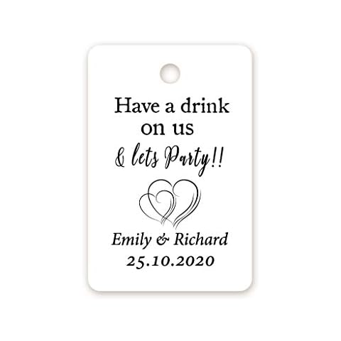 50x Personalised Wedding Favour Tag - Have a Drink on us & Let's Party!!,Double Heart Wedding Thank You Tags,40mmx60mm Party Champagne Drink Cider Tickets,Themed Party/Reception Favours- Tag 042 Cover