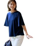 [ニッセン] Tシャツ・カットソー レディース 夏 ひんやり 接触冷感 シルケット加工フレア袖トップス ネイビー 4L