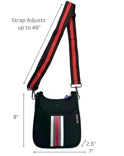 Dallas Hill Mini Crossbody Handbag, Black with Red and Silver Stripes, Adjustable Strap3