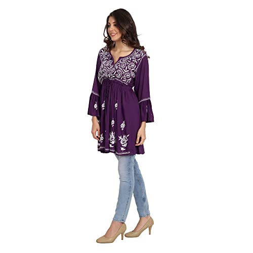 Image of indiankala4u Lucknow Chikankari Hand Embroidered Fit and Flared Top, Short Kurti for Women, Modal Cotton