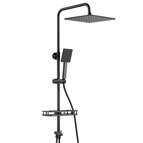 Système de Douche Noir Mat en Laiton avec Colonne de Douche Télescopique 68-108cm, Tête de Douche Effet Pluie 10