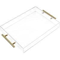 12\"x16\" Clear Acrylic Serving Tray with Golden Handles, Sturdy Huge Capacity Acrylic Tray for Coffee, Juice, Kitchen and Desk Organizer, Storage Tray (12\"x16\")