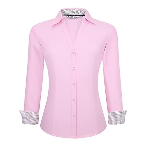 MAOAEAD Women's Business Shirt Fashion 3/4 Sleeve V-Neck Shirt Iron-Free Slim Stretch Solid Color Formal Work Blouses (Pink,M) Cover
