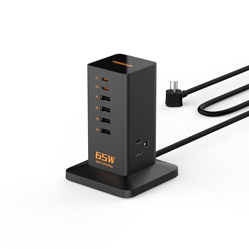 Charging Station for Multiple Devices 65W, TESSAN 6 USB Fast GaN Charger Station for iphone 14/15, Macbook, Tablet, Type C Desktop Charger with 3 Outlets, Home Travel Office Accessories