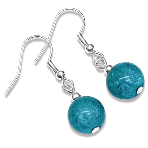Image of Sea Green Crackle Glass Bead Earrings, 10mm Round Beads on Nickelfree Hooks: 35mm long, Colourful Beaded Gift for Women, Beaded Drop Earrings