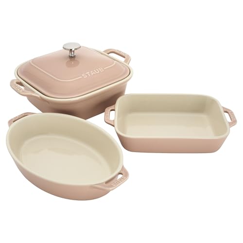 Image of Staub Ceramic 4-pc Baking Pans Set, Casserole Dish with Lid, Brownie Pan, Light Pink