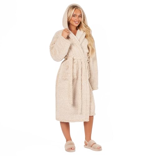 Brentfords Teddy Marl Beige Ladies Dressing Gown, Soft Warm Comfy Womens Hooded Dressing Gowns Luxury Oversized Fluffy Dressing Gown, One Size