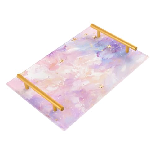 Bandeja acrílica decorativa de lujo con textura de mármol rosa y morado con asas, bandeja para servir café para joyas, perfumes, fiestas, charolas para servir