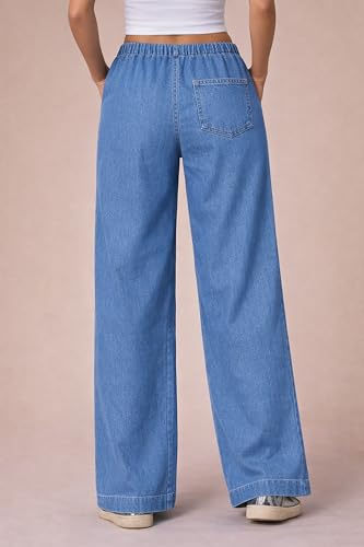 Image of London Hills Jeans for Woman | Wide Leg Jean for Women | Women's Wide Leg Denim Pants | Elastic Waist Drawstring Jeans for Women | Loose Fit Casual Palazzo Trousers | Woman Jean's Pant