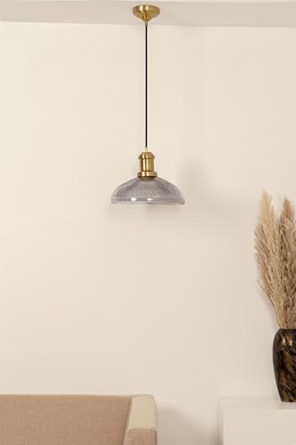 Image of Divine Trends Ribbed Grey Luster Glass Pendant Light with Antique Brass Finish | Hanging Lights for Living Room, Bedroom, Kitchen, Dining | Ceiling Lamp for Home Decoration Pack of 1