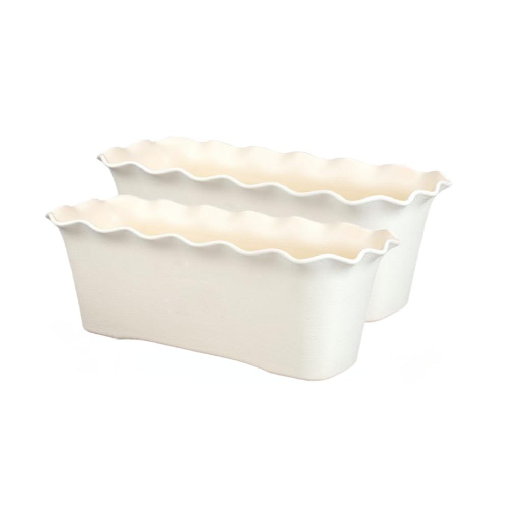 WEYSH 2 Pack Rectangular Planters, 16 Inch Plastic Flower Pot with Saucer, Resin Window Boxes for Indoor Outdoor Plants (Ivory 16")