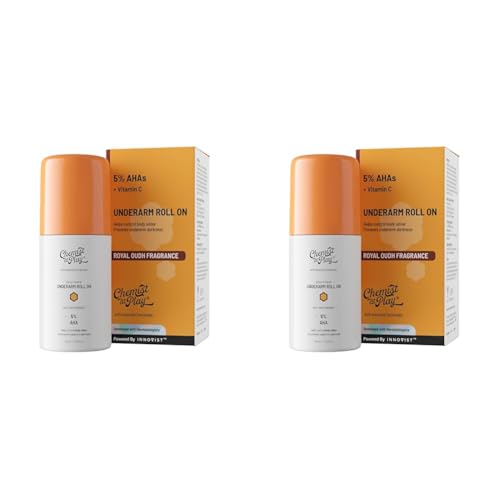 Image of Chemist At Play UnderArm Roll On with 5% AHA, Lactic Acid & 1% Mandelic Acid|Prevents Body Odour, Fades Pigmentation & Kills Bacteria|0% Aluminium & 0% Alcohol|Royal Oudh Fragrance |40ml - Pack of 2