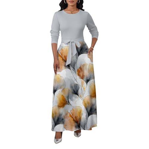 PinkPatty Plus Size Maxi Dress for Curvy Women Casual Crew Neck Long Sleeve Dresses Cocktail Party Sundress with Belt