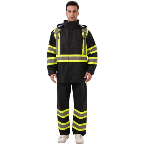 Image of Hi Vis Safety rain Jacket,Reflective Class 3 Rain coat with Inner Mesh Lining and Pockets High Visibility Waterproof work Rain Suits for men&women(Black,SM /MD)
